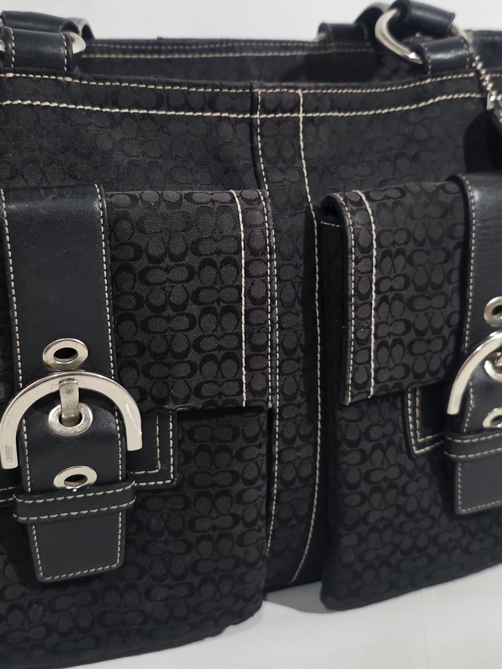 Coach Black Signature Canvas Messenger Bag with Silver Hardware